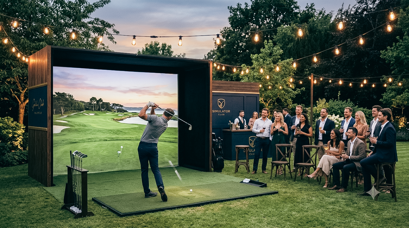 A portable golf simulator set up outdoors at dusk with string lights overhead