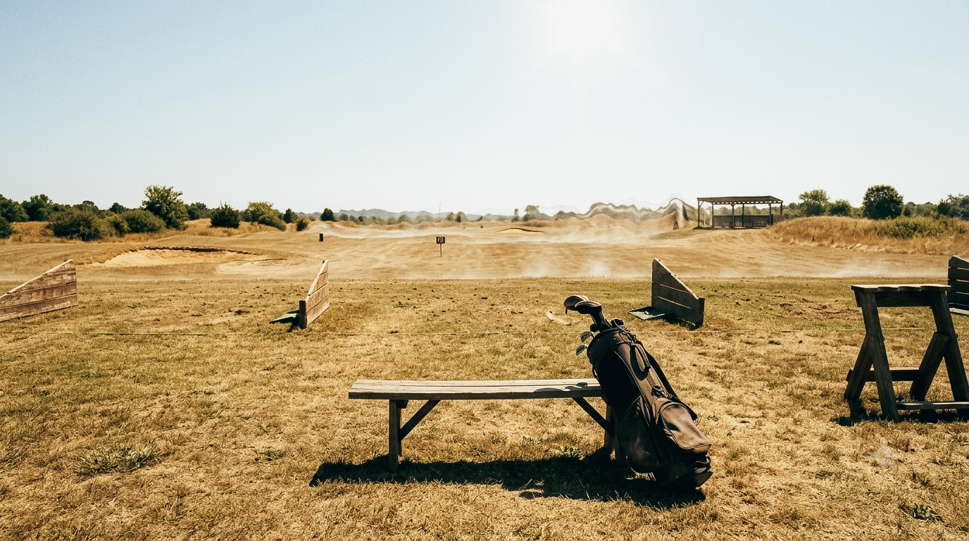 Concept illustration of a sun-scorched, empty outdoor golf driving range in extreme heat
