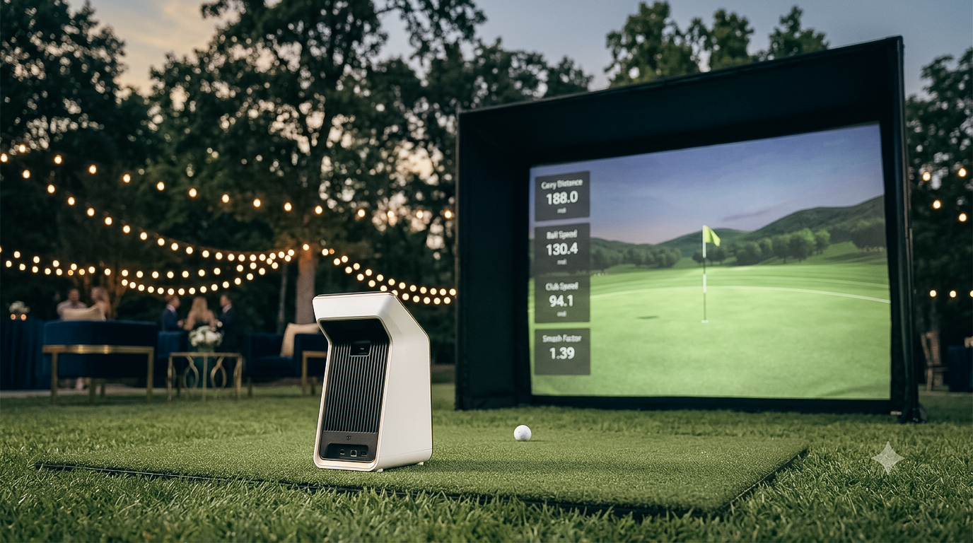 Close-up concept illustration of a portable golf launch monitor and simulator screen at an outdoor event