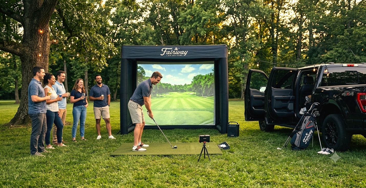 Fairway Mobile golf simulator set up at an outdoor evening party, guests watching a golfer hit into the branded inflatable screen next to the Fairway truck